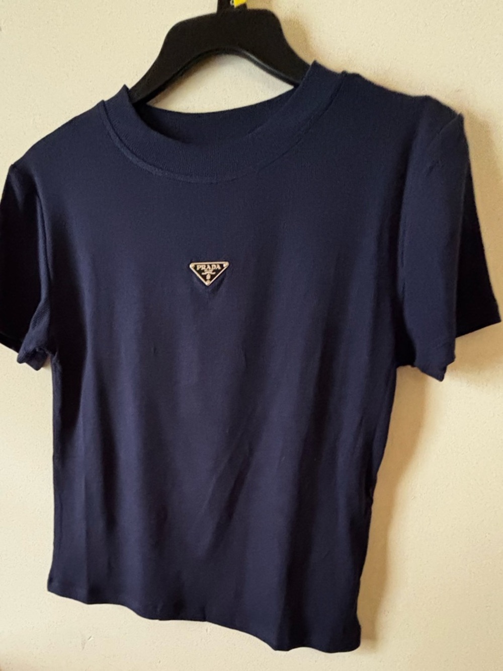 Prada Navy Cotton Tee with Triangle Logo one size